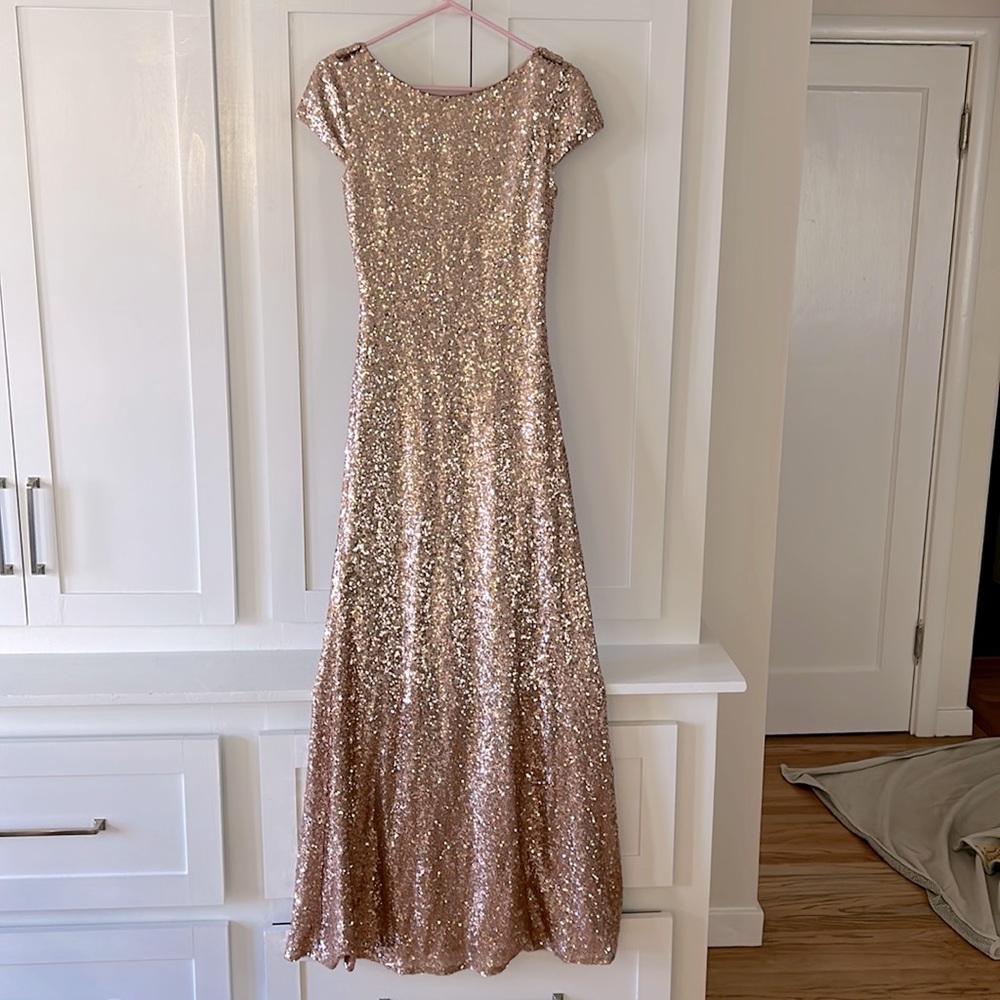 Rose gold sequence Revelry bridesmaids dress